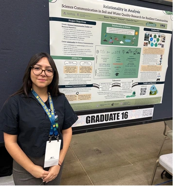 Nieves Vazquez in front of her award-winning poster